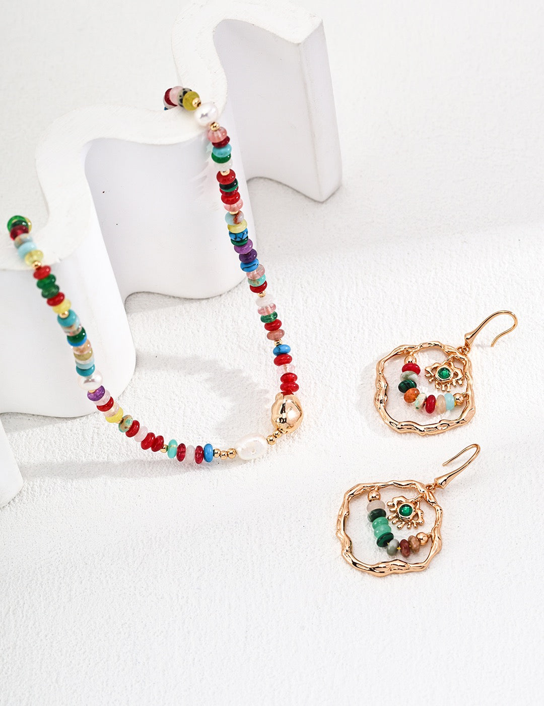 S925 Silver Pearl Dopamine Color Stone Necklace Earrings