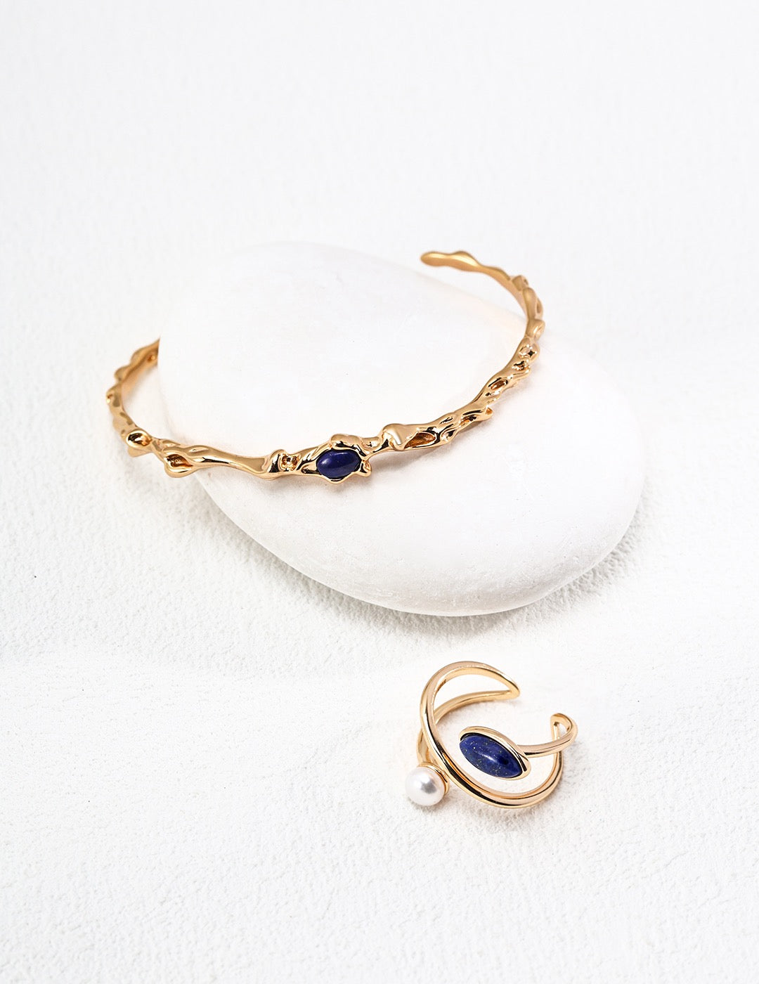 S925 Silver Simple Natural Pearl Lapis Lazuli Ring