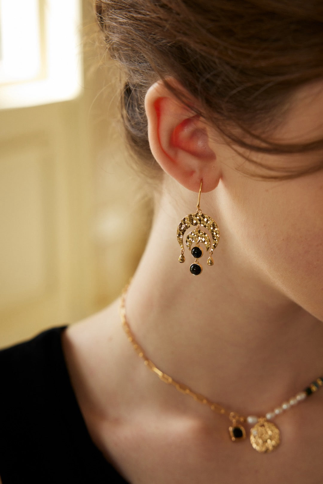 S925 Silver Simple Black Onyx Vintage Earrings