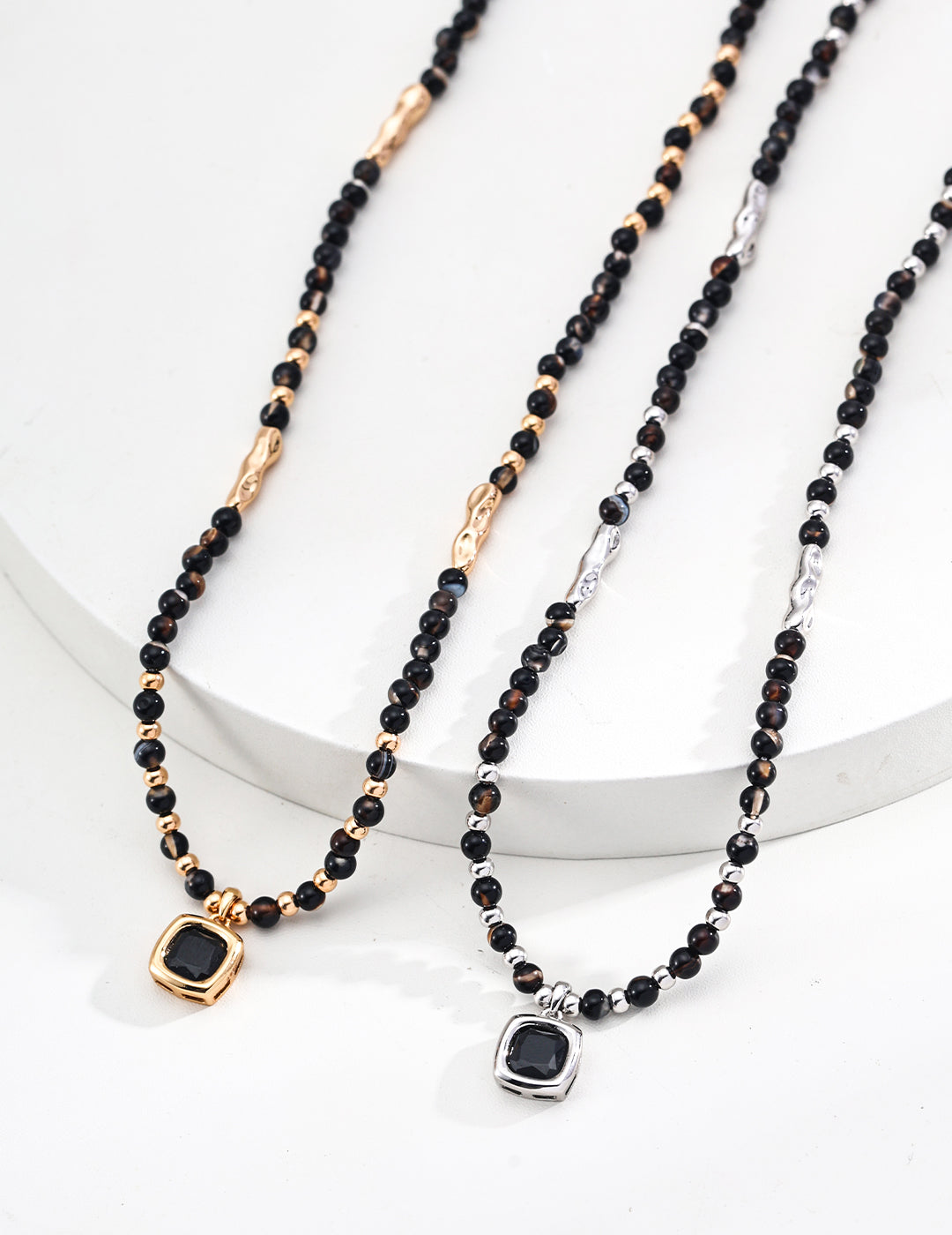 S925 Silver Round Polished Black Agate Necklace