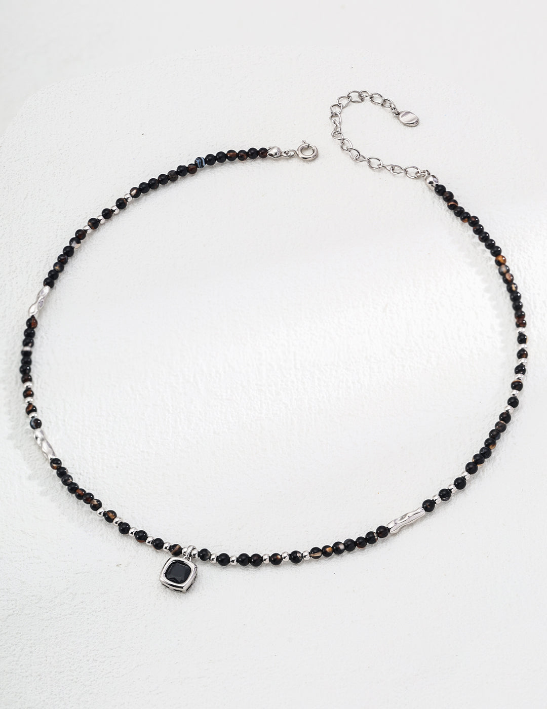 S925 Silver Round Polished Black Agate Necklace