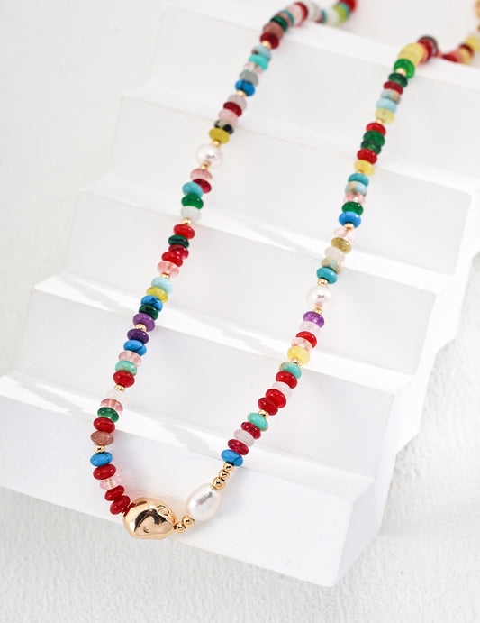 S925 Silver Pearl Dopamine Color Stone Necklace Earrings