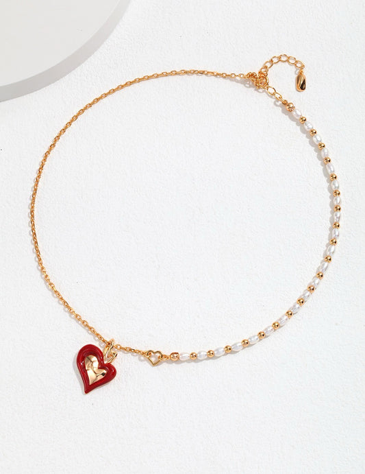 S925 Silver Heart Drip Glaze Pearl Necklace