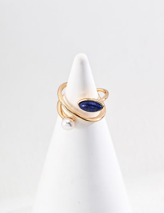 S925 Silver Simple Natural Pearl Lapis Lazuli Ring