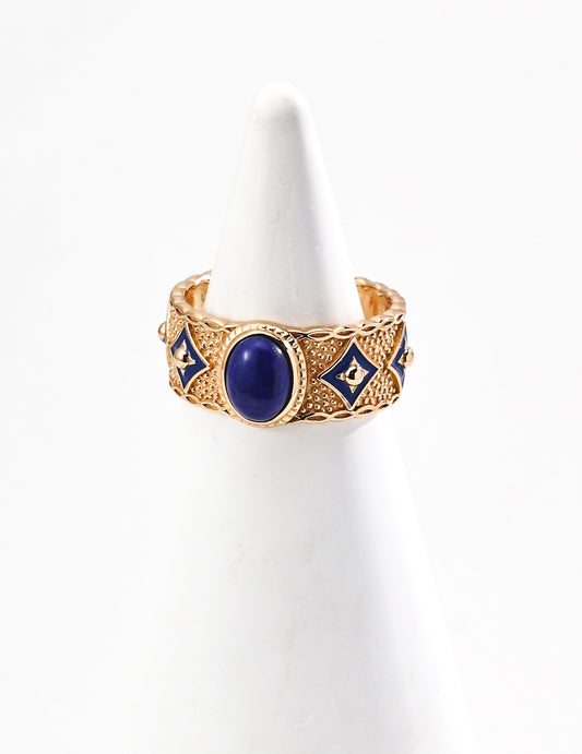 S925 Silver Retro Design Blue Glaze Lapis Lazuli/Mother-of-pearl Ring