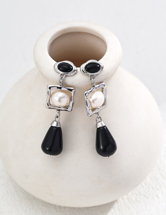 S925 Silver Natural Pearl Black Agate Earrings