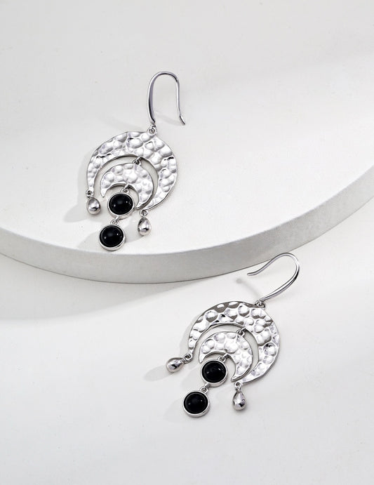 S925 Silver Simple Black Onyx Vintage Earrings