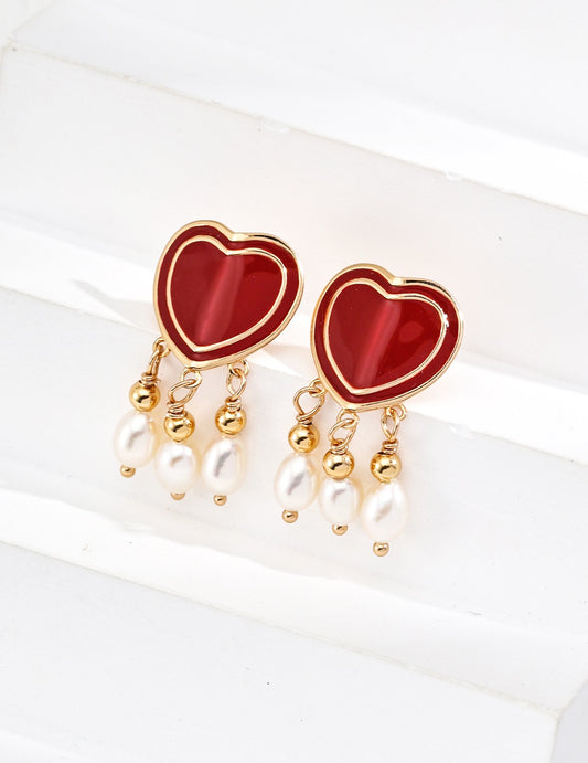 S925 Silver Fashion Red Drip Glaze Natural Pearl Heart Earrings