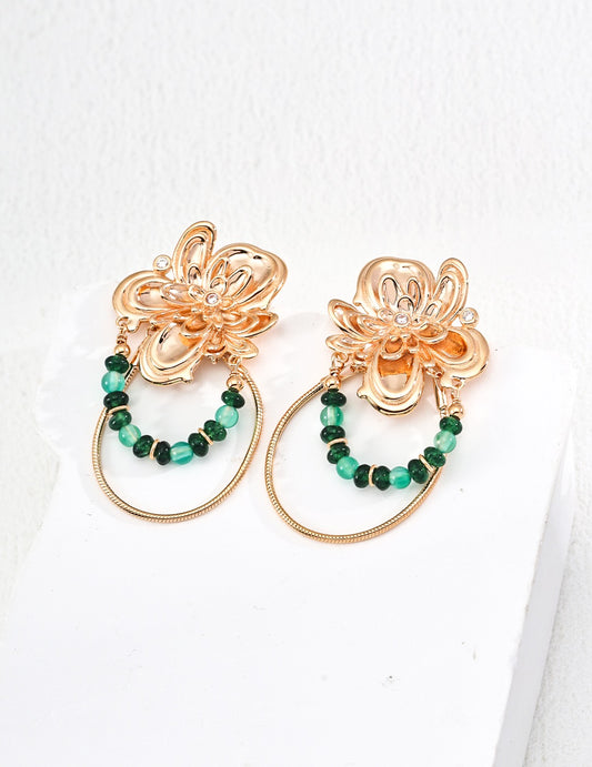 S925 Silver Vintage Design Emerald Agate Zircon Earrings