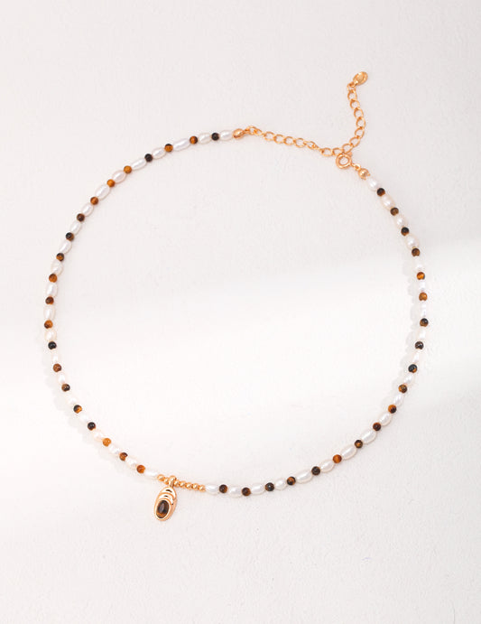 S925 Silver Natural Pearl Tiger Eye Stone Necklace (adjustable length)