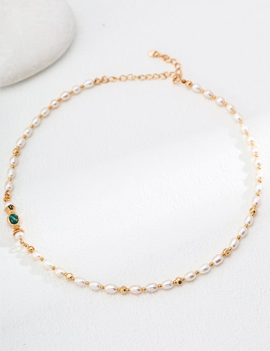 S925 Silver Pearl Malachite Necklace (adjustable length)