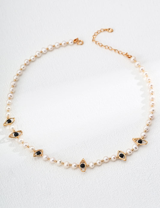 S925 Silver Natural Pearl Black Agate Necklace