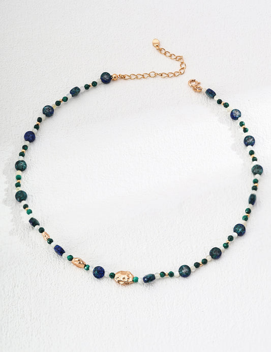 S925 Silver Vintage Natural Malachite Lapis Lazuli Necklace